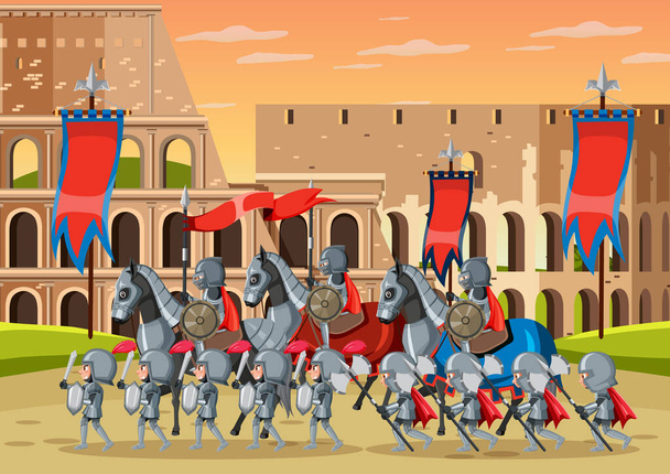 Scène médiévale avec illustration de l'armée médiévale - Vecteur, image