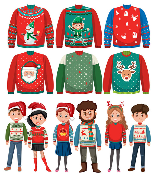 Zestaw osób noszących świąteczne swetry ilustracja - Wektor, obraz