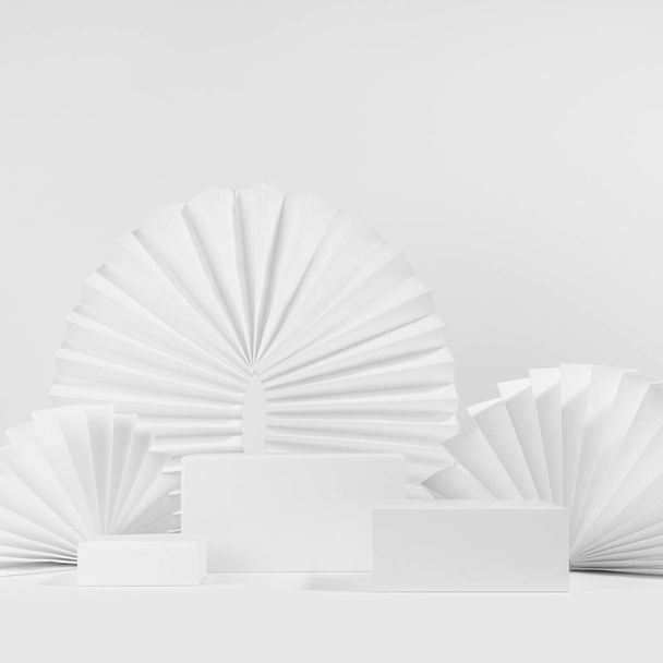 Delicate soft light white abstract scene with set of three different size  rectangle podiums template for showing cosmetic product or goods with round oriental paper fans, arch in asian style, square. - Φωτογραφία, εικόνα