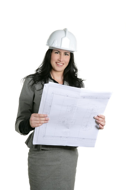 Architect woman white hardhat and plan - Foto, Bild