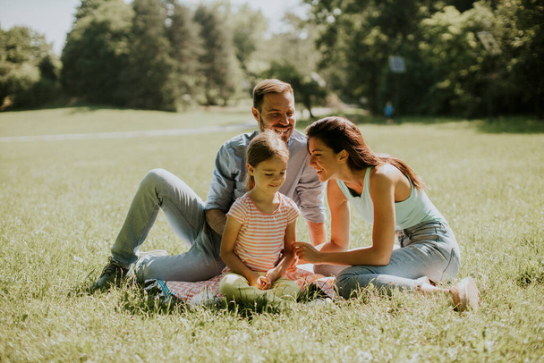feliz jovem família com bonito pequena filha se divertindo no parque em um dia ensolarado - Foto, Imagem