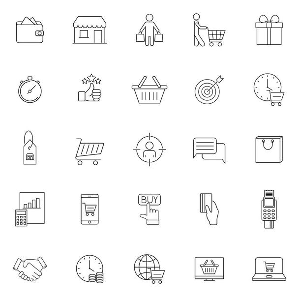 Buyer customer line icons set. Contactless payment card, shopping cart and group of people. Store, buyer loyalty card, client ranking set icons. Online payment, shopping timer, currency. Eps10 - Vecteur, image