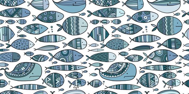 Funny fishes collection, ethnic ornament. Childish style. Seamless pattern for your design - Вектор, зображення