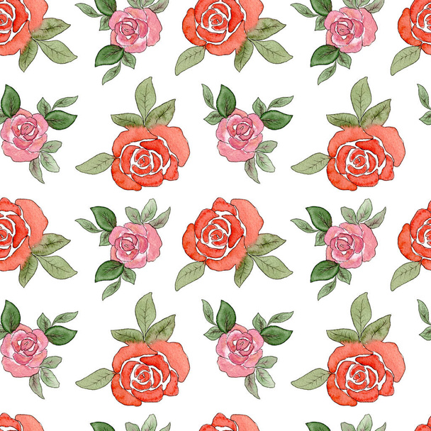 Pattern with roses. Watercolor seamless pattern with rose flowers. Red and pink flowers in doodle style on a white background. Print for textiles - 写真・画像