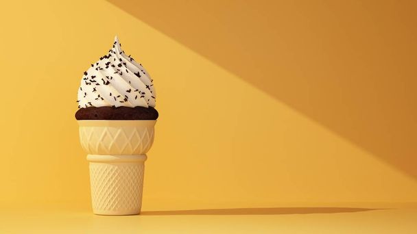 ice cream in a waffle cup in a ray of light. 3d rendering - Foto, Bild