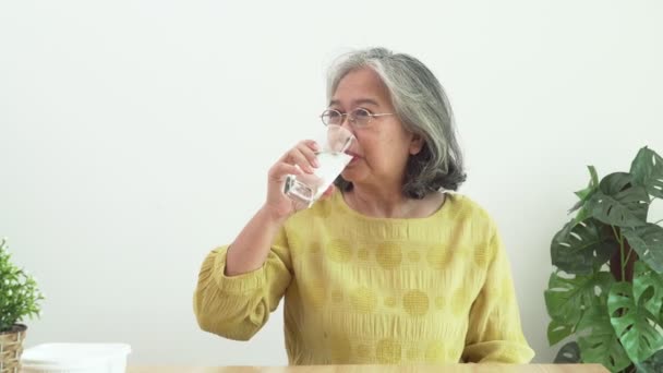 Feliz Asiático ancianas están bebiendo agua de botella para una buena salud. Buena salud, estilo de vida. - Metraje, vídeo