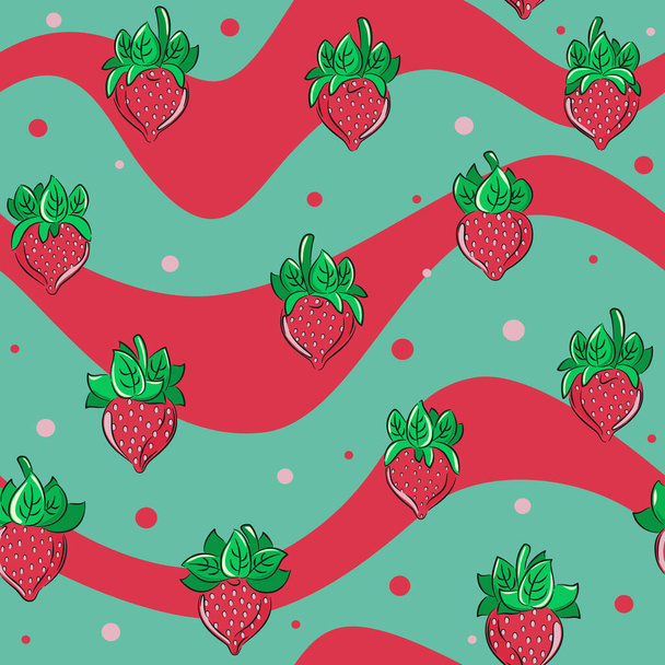 Lindo, dibujado kawaii fresas patrón sin costuras con un fondo ondulado. Ideal para telas de primavera o verano, reserva de chatarra, envoltura de regalo, papel pintado, diseño de productos. Vector - Vector, Imagen