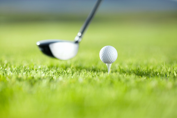 De eerste aandrijving is essentieel. Een golfclub op het punt om te gaan golfen met een witte bal op een golfbaan. - Foto, afbeelding