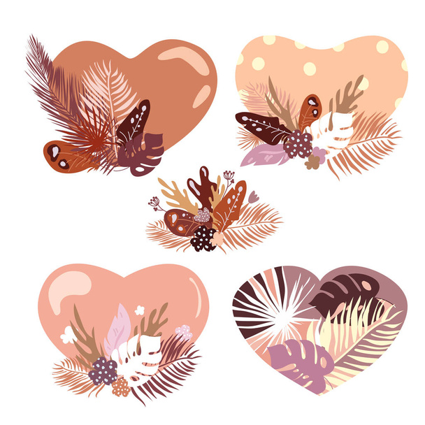 Set of vector hearts with flowers and tropical leaves, feathers.Flower heart in trendy pastel colors. - Vector, Image