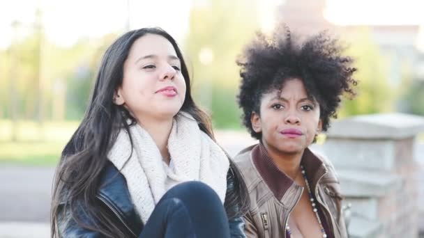 Zwei multiethnische junge Frauen plaudern im Freien miteinander und genießen gute Gesellschaft - Filmmaterial, Video