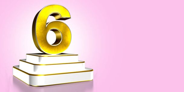 Número 6 ouro estão em uma plataforma de aço inoxidável ilustração 3D fundo rosa claro com recorte path.Empty espaço para texto. - Foto, Imagem