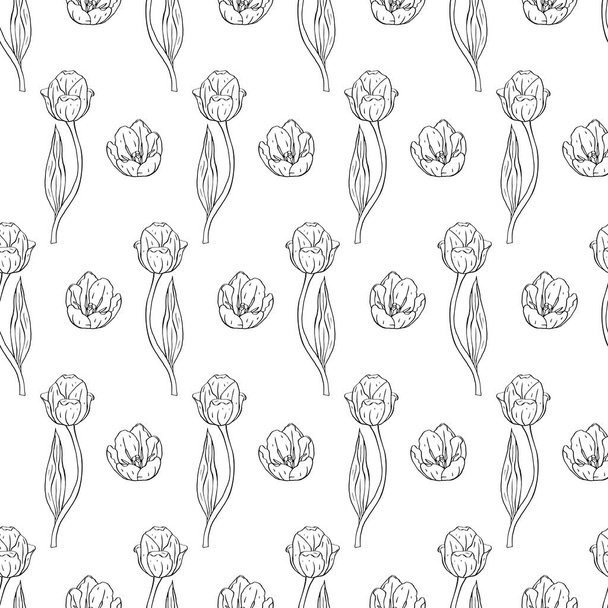 Monochrome black and white vintage seamless pattern with line art tulips flowers on white - Vektori, kuva