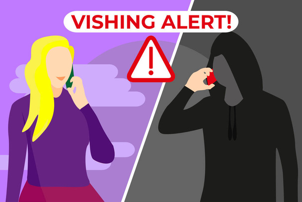 Alerta de Vishing. Mulher recebendo uma chamada fraudulenta de um estranho tentando enganá-la - Vetor, Imagem