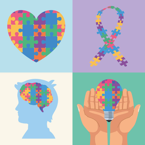 quatro ícones do dia do autismo - Vetor, Imagem