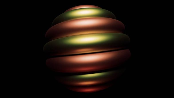  Een heldere tweekleurige bal. Een abstractie waarop een zwarte achtergrond en een bal van twee kleuren met schaduwen langzaam om zichzelf heen draaien in 3d. - Foto, afbeelding