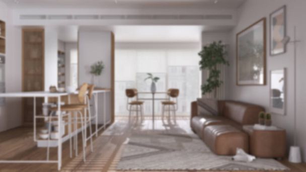 現代のパノラマのアパートでのぼかしの背景、リビングとダイニングルーム。椅子、ソファ、カーペットや装飾が施されたスツール、テーブル付きの島。インテリアデザインコンセプト - 写真・画像