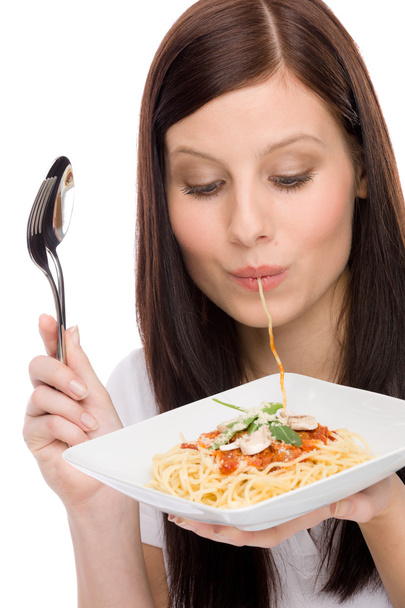 Italian food - portrait woman eat spaghetti sauce - Foto, Imagem