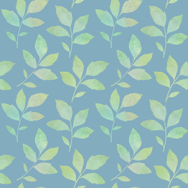 Green leaves on a bright background. Abstract botanical pattern. Seamless ornament of watercolor leaves - Foto, Imagen