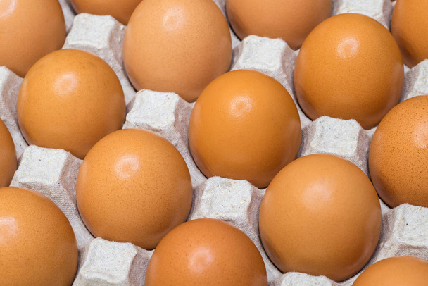 Uova fresche uniformemente disposte in un contenitore di uova. Contesto alimentare. - Foto, immagini