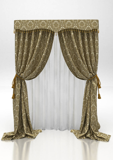 Elegante cortina con cortinas, tela ornamentada, aislada sobre fondo blanco, representación 3d, ilustración 3d - Foto, imagen