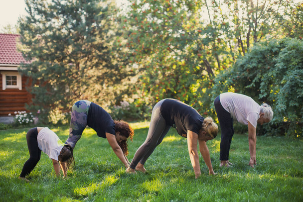 Exercising females of four generations of family warming up with hands on ground stretching their bodies on meadow full of greenery. Spending time together  - Foto, Imagen
