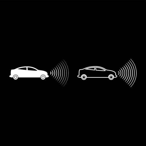 Автомобільні радіосигнали датчик смарт-технології автопілот набір спереду піктограма білого кольору ілюстрація зображення простої твердої контурної лінії тонкий плоский стиль
 - Вектор, зображення