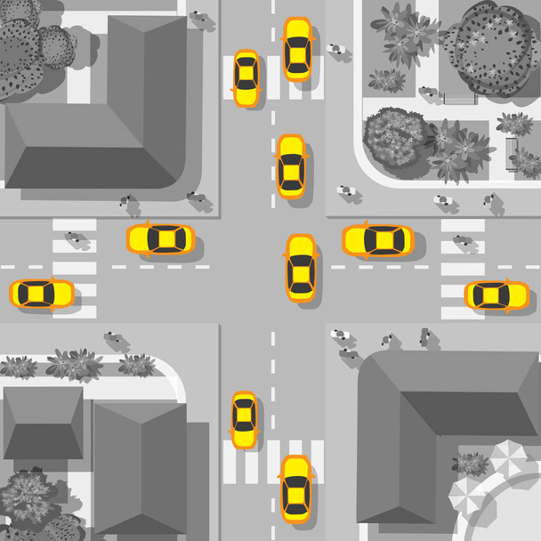 Вид сверху на город. Городские перекрестки с такси и домами, пешеходы - Вектор,изображение