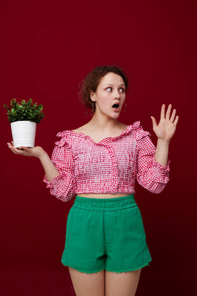 Young woman standin and holding flower in pot red background - 写真・画像