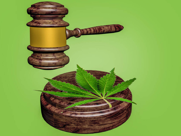 Une feuille de cannabis repose sur le marteau de la justice. Rendu 3d. - Photo, image
