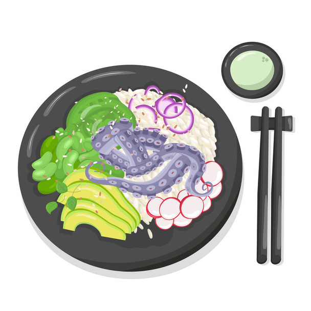 Pulpo poke bowl ilustración cocina hawaiana. Ilustración de stock vectorial aislada sobre fondo blanco para menú restaurante de comida rápida con comidas saludables, bio, orgánicas. EPS10 - Vector, imagen
