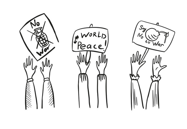 Ręce trzymające plakaty przeciwko wojnie. Powiedz "nie" wojnie. Pokój światu. Wektor ilustracji.Doodle stylu. - Wektor, obraz