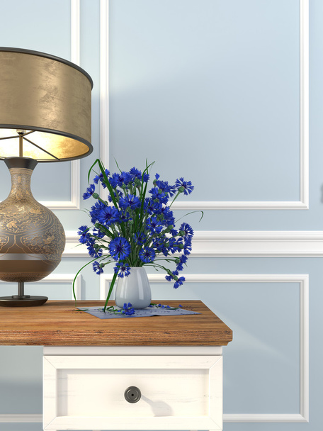 Vintage table and table lamp on a background of blue wall - Photo, Image