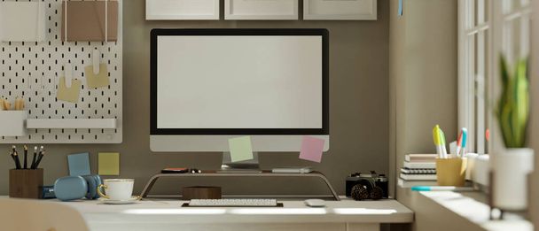 Современная домашняя рабочая станция или подростки изучают пространство стола с компьютером пустой экран макет, аксессуары и декор на столе. 3D рендеринг, 3D иллюстрация - Фото, изображение