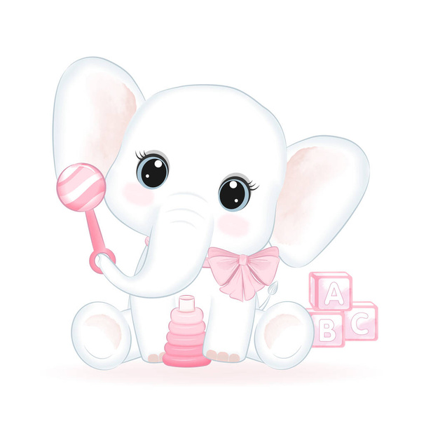 Симпатичный слоненок с детской игрушкой - Вектор,изображение