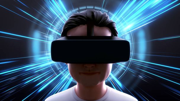 Человек в белой рубашке в VR гарнитуре на фоне тоннеля Blue Light Rays. Крупный план человека носить виртуальные наушники виртуального моделирования времени искривления в мир цифровых технологий Meatverse. 3D Render. - Фото, изображение