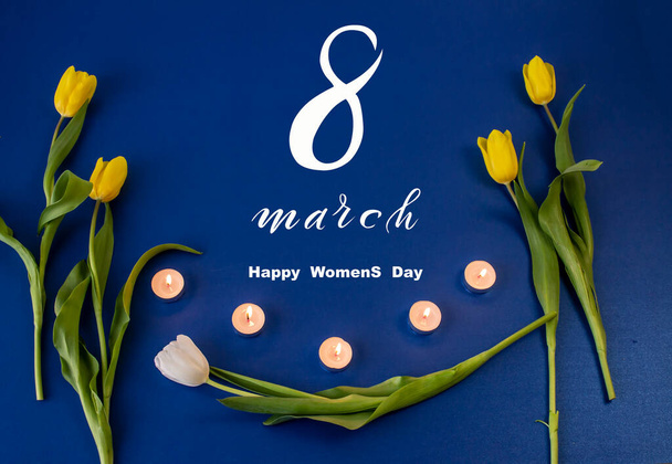 International Women's Day March 8! Flat Lay, banner, greeting card with flowers from March 8. - Photo, Image