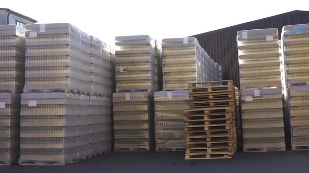 Drewniane palety ze szklaną butelką pokryte są przezroczystym stojakiem z folii polietylenowej na fabryce alkoholu - Materiał filmowy, wideo