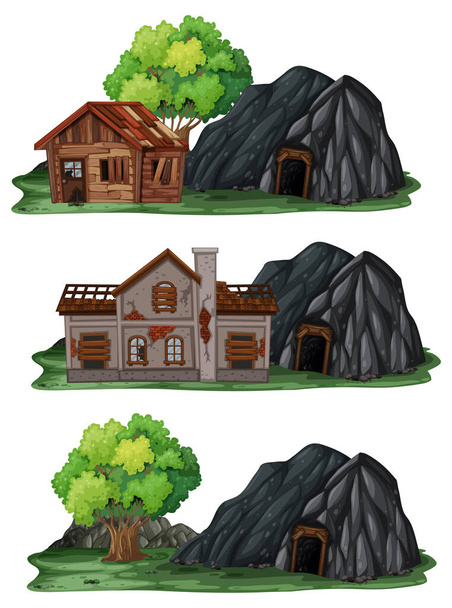Набір різних покинутих будинків з ілюстрацією скельної печери
 - Вектор, зображення