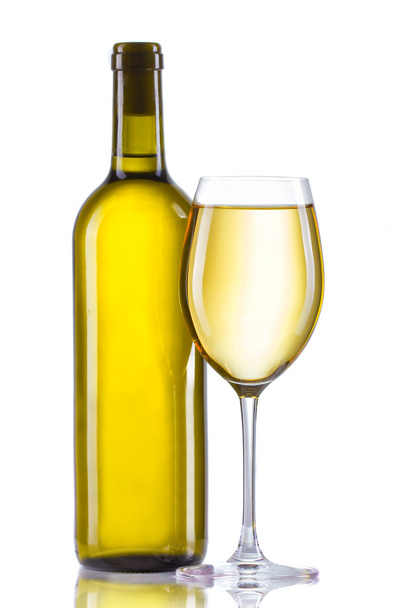 Glass and bottle of white wine isolated on white - Fotoğraf, Görsel