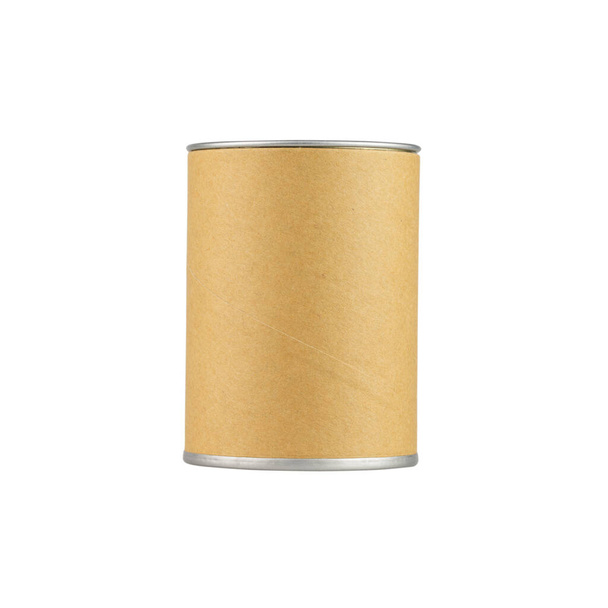 lata con etiqueta marrón en blanco aislada sobre fondo blanco - recorte de rutas - Foto, Imagen