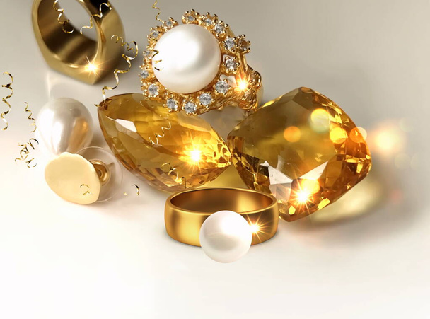 ékszerek arany gyűrűk fehér gyöngy és természetes sárga citrin drágakő és fehér gyöngy arany gyűrű keresztény gyémánt rózsaszín virágos háttér ékszerek luxus női acessory - Fotó, kép