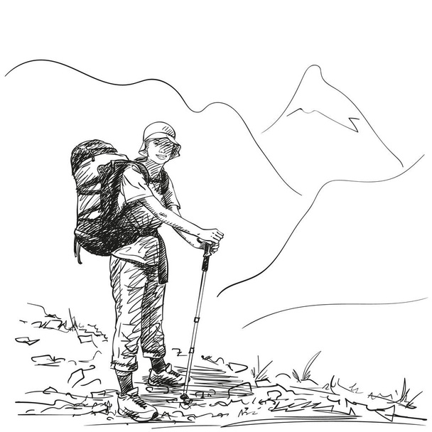 Sketch of woman trekking in mountains with big backpack, Hand drawn Vector illustration - Vektör, Görsel