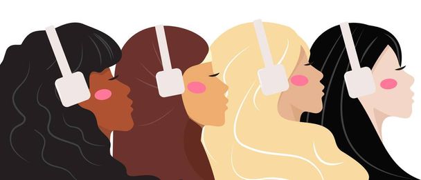 Rostros femeninos multiculturales escuchando podcast, música, radio.  - Vector, imagen
