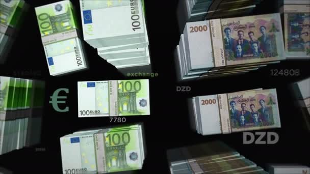 Euro a Alžírsko Dinár směnárna peněz. Papírové bankovky balí balík. Pojetí obchodu, hospodářství, hospodářské soutěže, krize, bankovnictví a financí. Poznámky smyčka bezešvé 3D animace. - Záběry, video