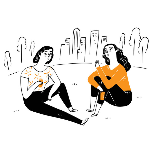 Mooi meisje en beste vriend Ontspan en praat in het park. Handtekening vector illustratie lijn kunst. - Vector, afbeelding