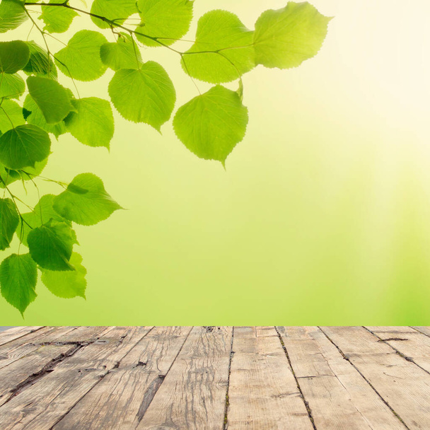 Prázdné dřevo prkno stůl top s rozmazaný park zelené listy příroda pozadí bokeh světlo, Vysmát se na displej nebo montáž produktu - Fotografie, Obrázek