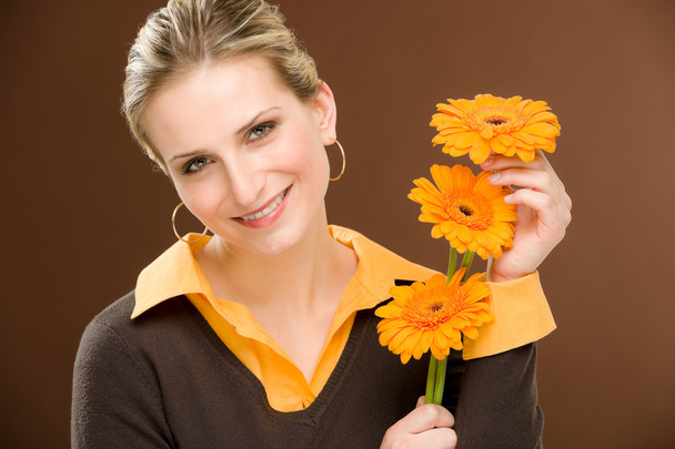 Flower romantic woman hold gerbera daisy - Фото, изображение