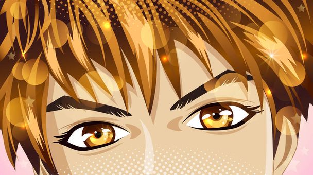 Hnědé oči mladého muže s blond vlasy s flitry v anime stylu. Šťastný pohled. - Vektor, obrázek