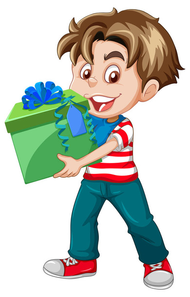 A boy holding a gift box cartoon character on white background illustration - Wektor, obraz