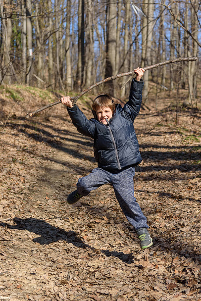 A boy is playing with a wooden stick in the woods - Foto, Imagem